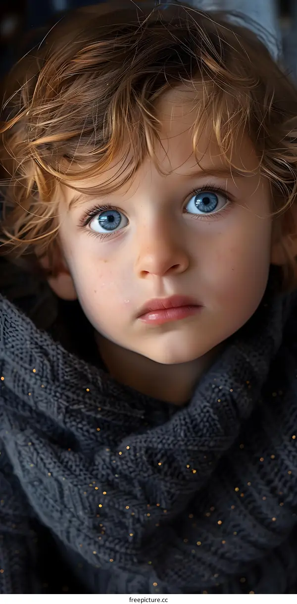 Portrait of a young boy with blue eyes and curly hair
