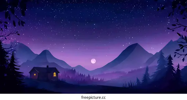 Nighttime Mountain Landscape With Cabin And Full Moon
