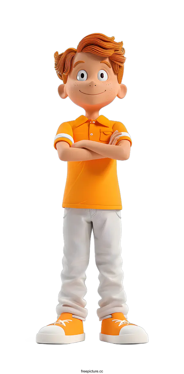[Transparent Background PNG]3d cartoon character boy with freckles and crossed arms