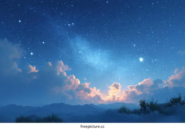 Night Sky Over Mountains with Clouds and Stars