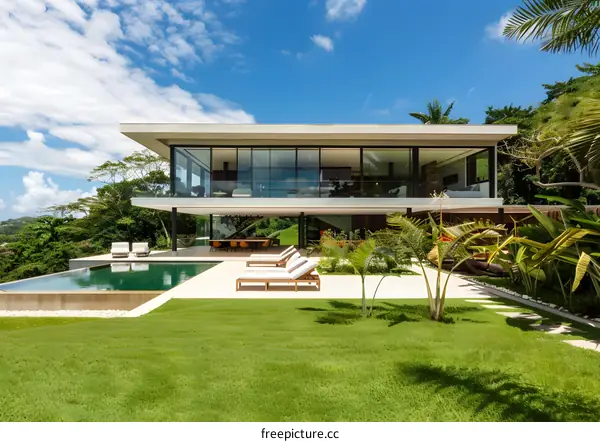 Modern House with Infinity Pool and Lush Greenery