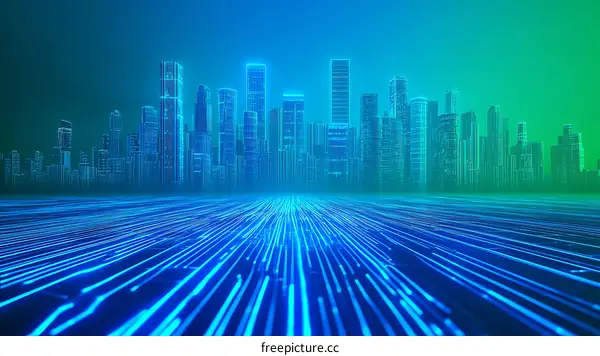Futuristic City Skyline with Digital Network