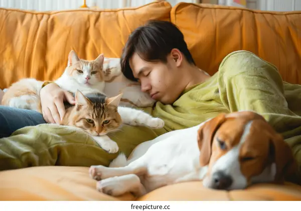 A young man is sleeping on the couch with a cat and a dog
