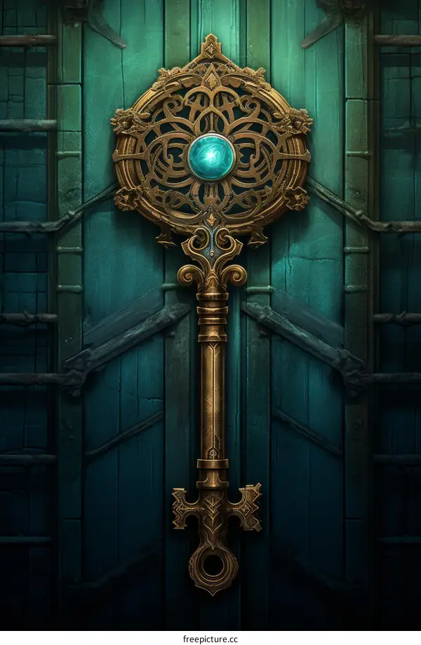 Ornate Golden Key with Glowing Blue Gemstone in the Center of a Door