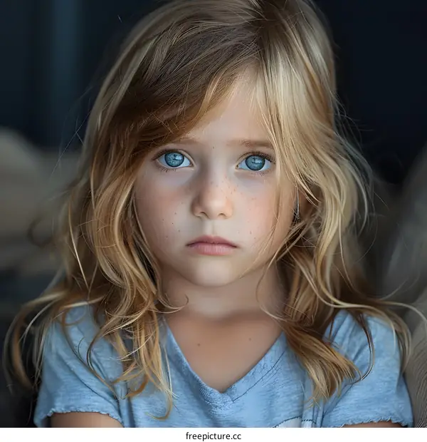 Portrait of a young girl with freckles and blue eyes
