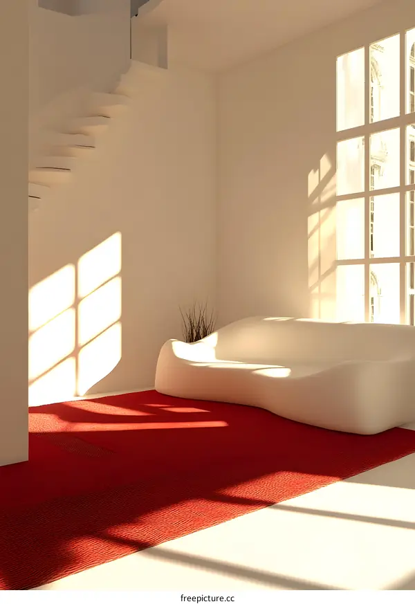 Minimalist White Living Room Interior Design With Red Carpet and Staircase