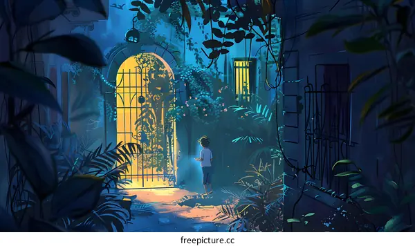 Young Boy Standing Near A Glowing Doorway In Tropical Garden
