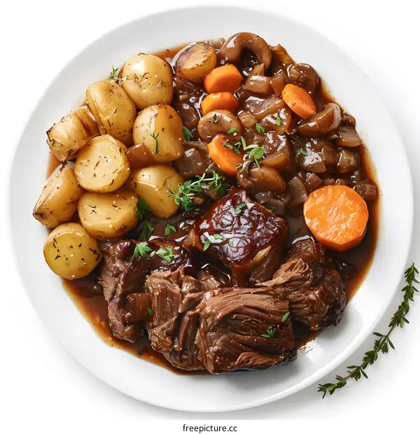 Beef stew with potatoes, carrots and mushrooms on plate over white background