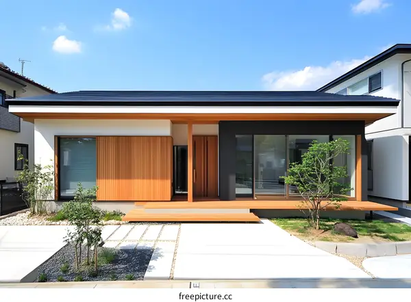 Modern Japanese House With Wooden Siding And A Large Patio