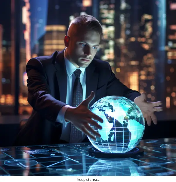 Businessman looking at a 3D model of Earth pondering the future of technology
