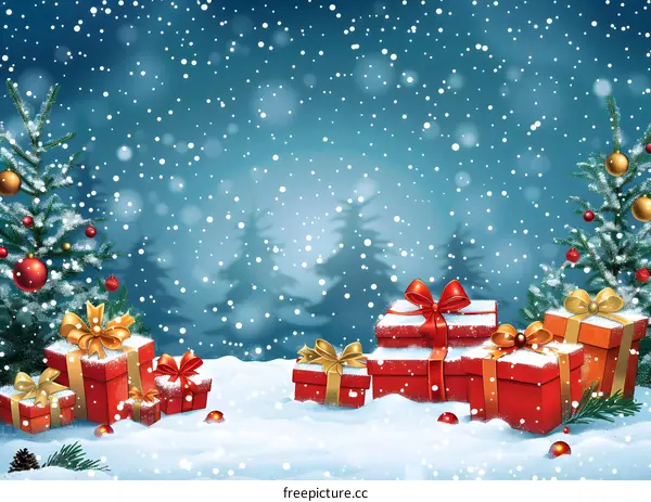 Christmas gifts in the snow with two decorated Christmas trees and a snowy background