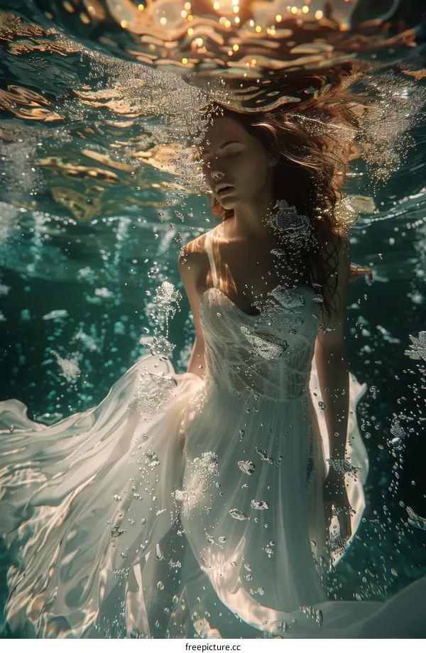 Alluring Underwater Portrait of a Woman in an Elegant White Gown