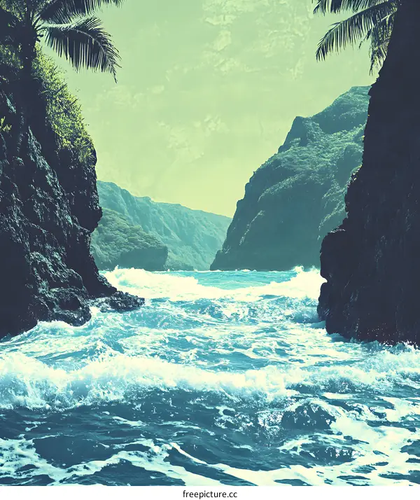 Tropical Ocean View With Waves Crashing Between Rocky Cliffs