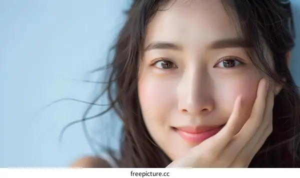 Beautiful Asian Woman Smiling with Her Hand on Her Cheek