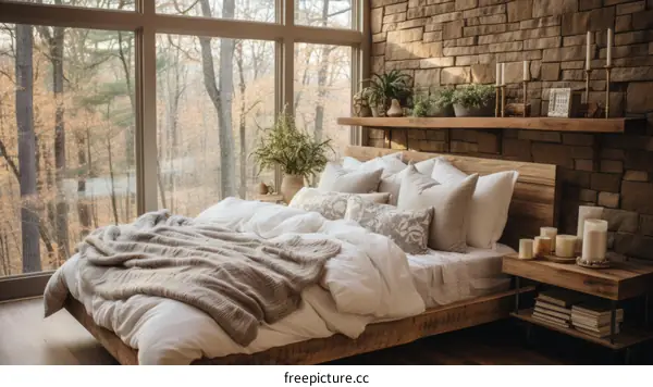 A cozy bedroom with a large window and a brick wall