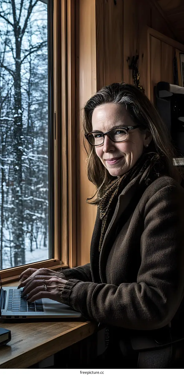 Woman Working on Laptop by Window in Cabin
