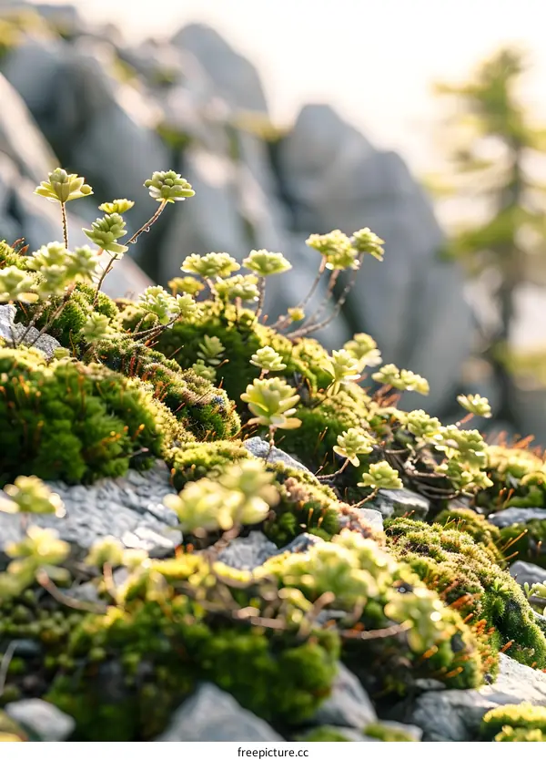 Close Up of Green Moss Growing on Rocks in Mountain