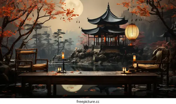 Tranquil moonlit night in a Chinese garden