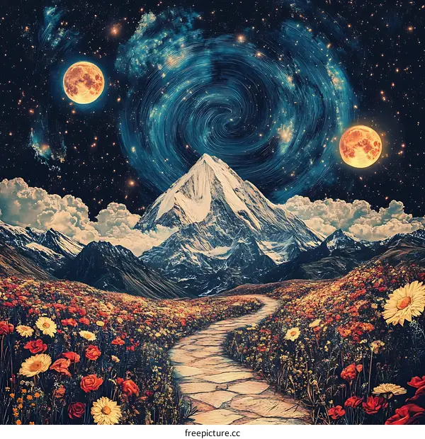 Surreal Mountain Landscape with Swirling Galaxy and Two Moons