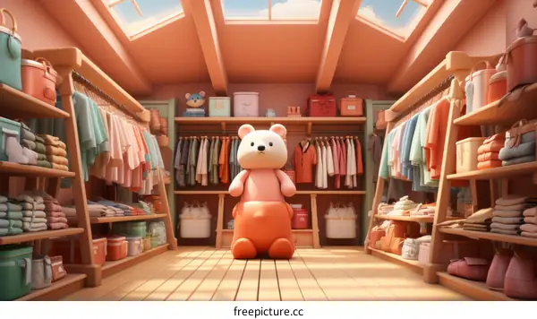 A Cute Cartoon Teddy Bear Sits in a Well-Organized, Colorful Closet