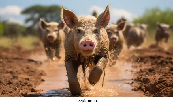 Happy Pigs Racing Through Mud