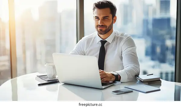 Businessman Working on Laptop in Modern Office