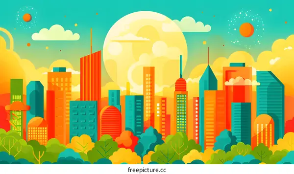Colorful Cityscape Illustration with a Large Yellow Sun