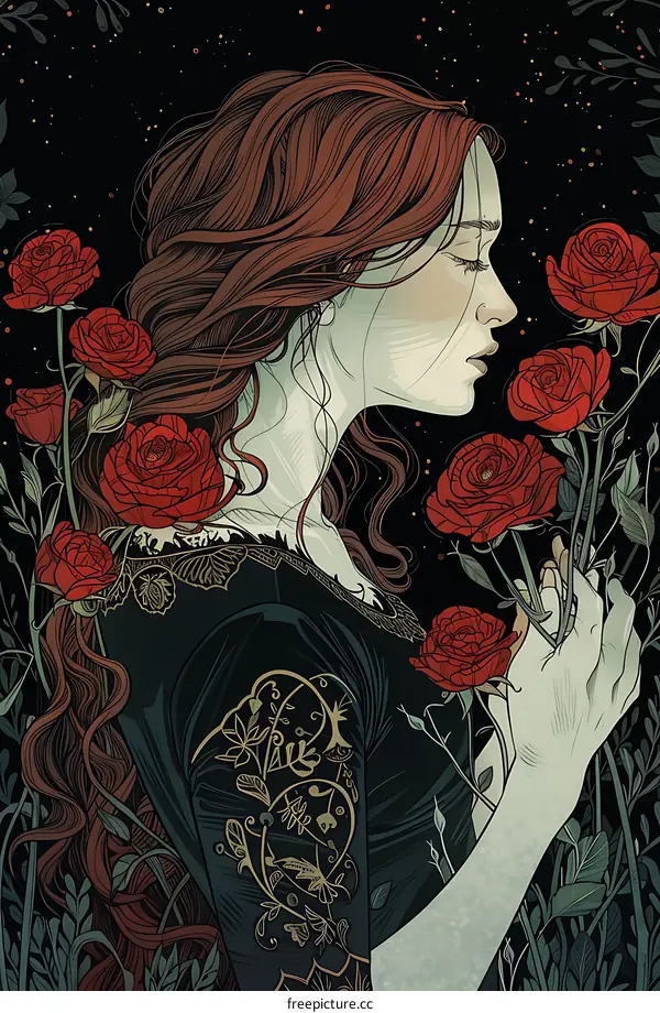 Woman with Red Roses Illustration