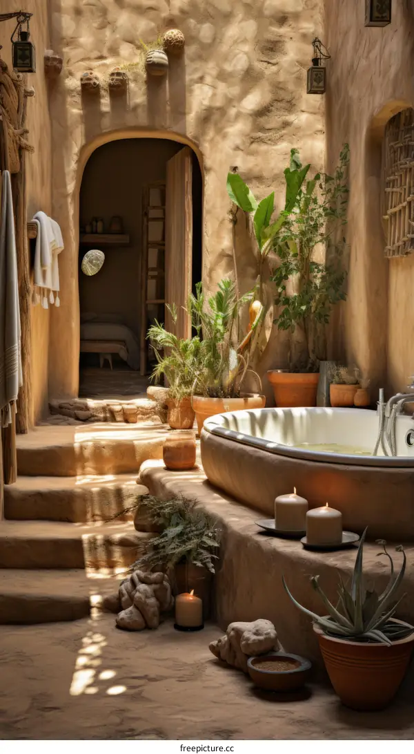 Bathroom in a luxury villa with natural materials and plants