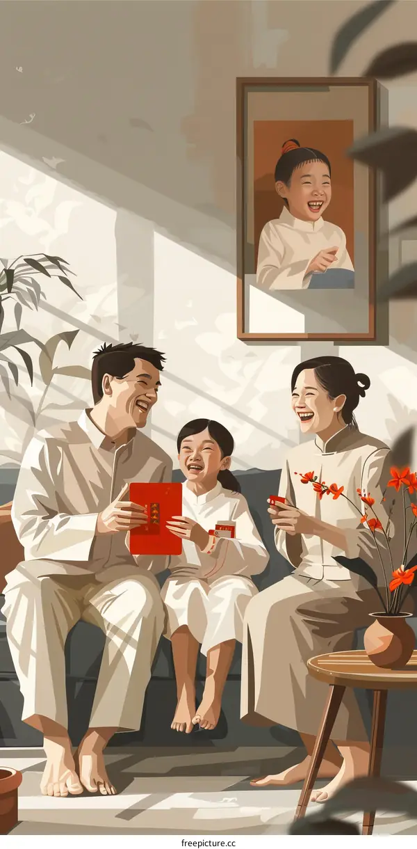 A family of three is sitting on a couch and laughing.