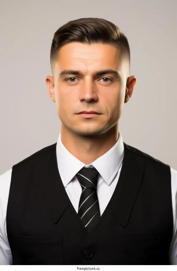 A young man in a black vest and tie