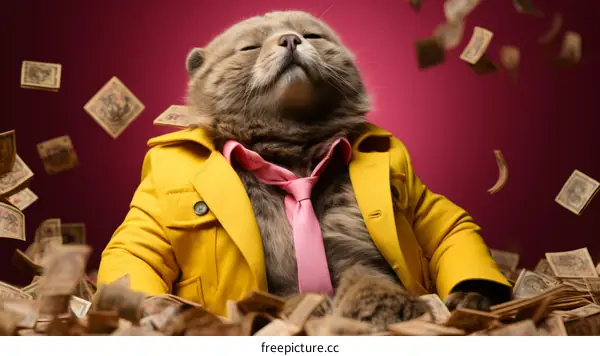 A rich cat wearing a suit and tie is sitting on a pile of money