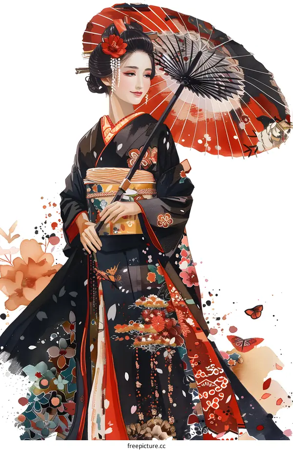 A beautiful Japanese woman in a kimono holding a red umbrella