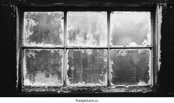 Black and white photo of a window covered in frost