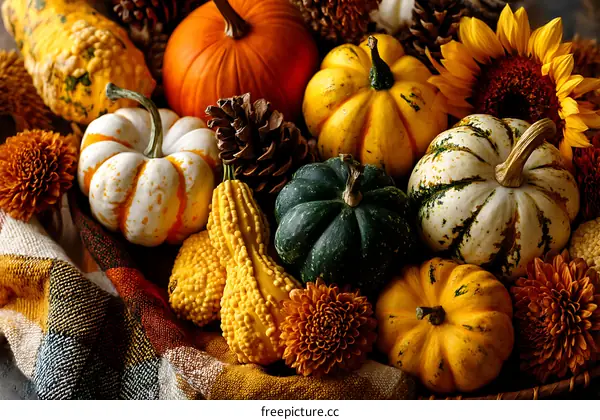 Autumn Harvest Display of Pumpkins and Gourds