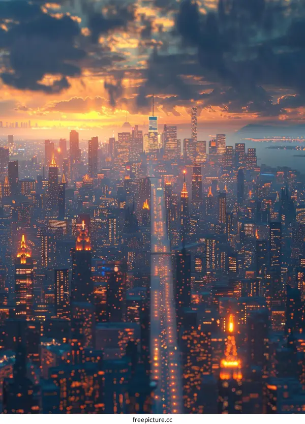 Cityscape at Sunset with Vivid Lights