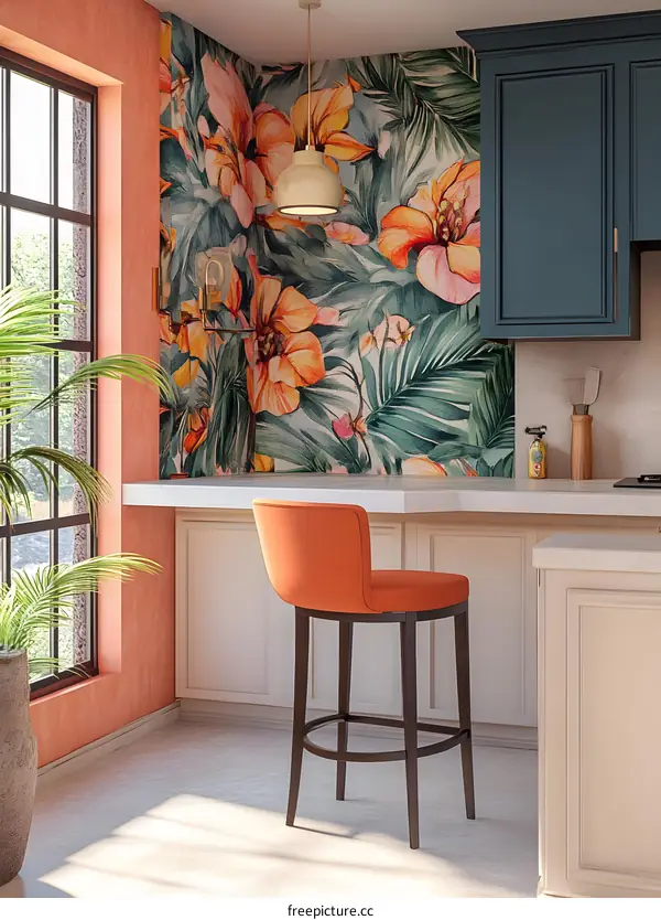 Tropical Floral Wallpaper Kitchen Interior Design
