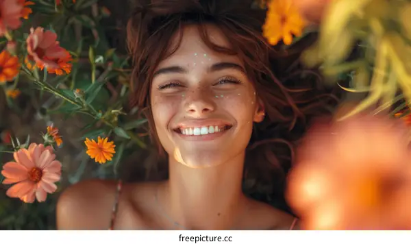 Woman Smiling Among Flowers in Nature