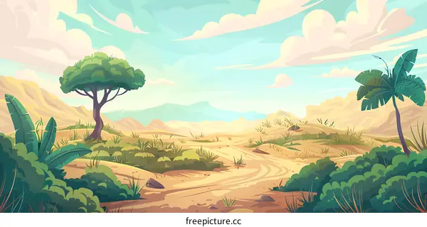 Cartoon Desert Landscape with Palm Trees and Mountains