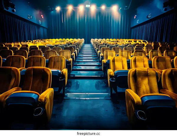 Empty Movie Theater Seats with Blue Curtains
