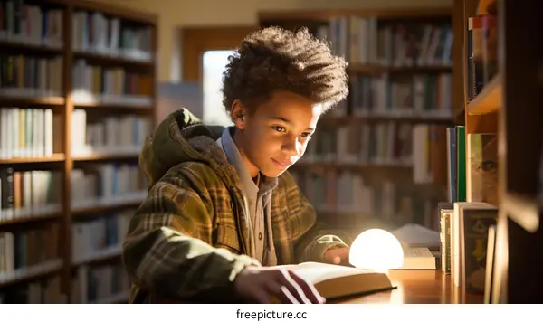 A young boy is reading a book in a library