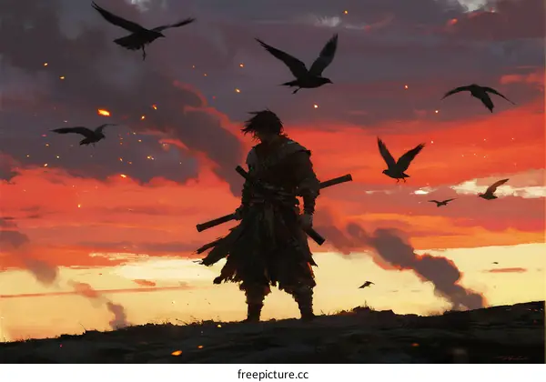 Samurai standing on hill with flying crows at sunset