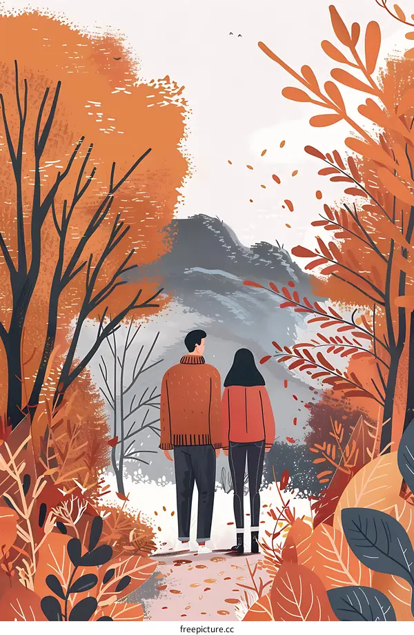 Autumn Couple Walking Through The Woods