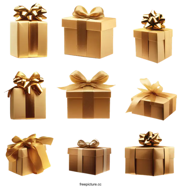 [Transparent Background PNG]Gold Gift Boxes Collection with Golden Ribbons