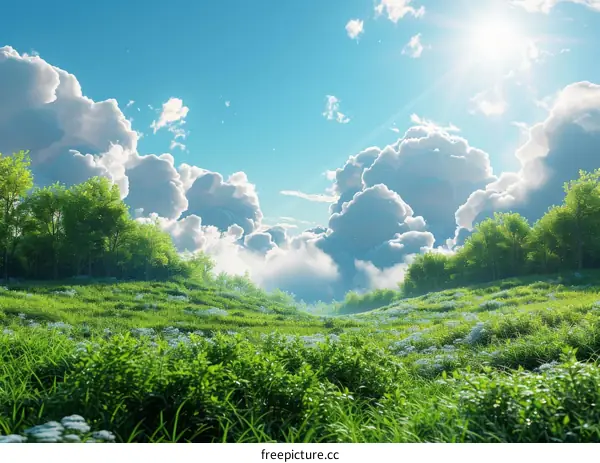 green rolling hills under a blue sky with white clouds