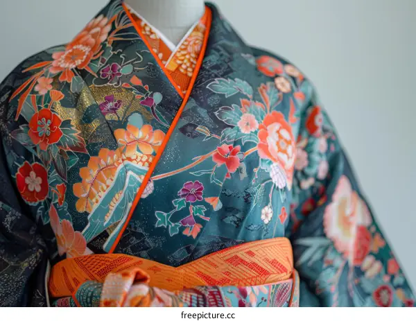 A close-up of a kimono with a floral pattern