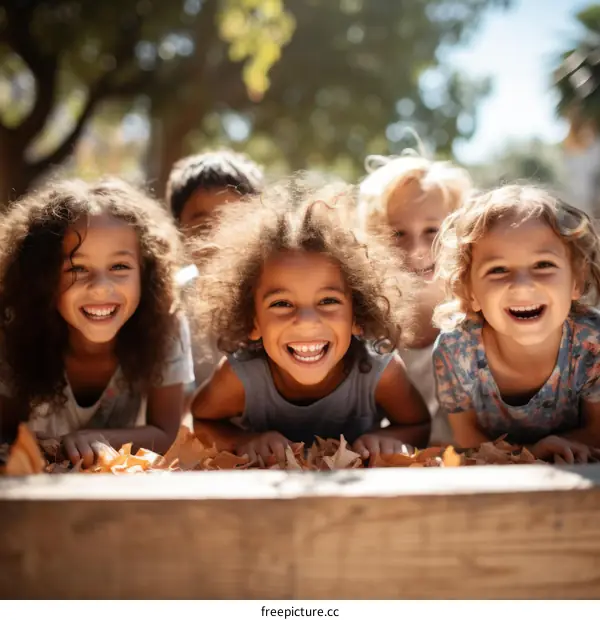 A group of children are lying on a wooden fence and smiling at the camera