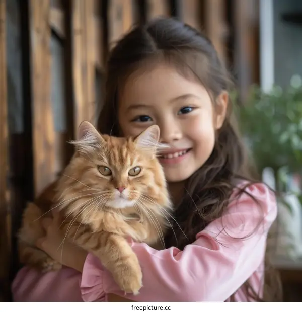 An adorable little Asian girl hugging an orange cat