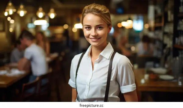 Portrait of a smiling young waitress in a restaurant