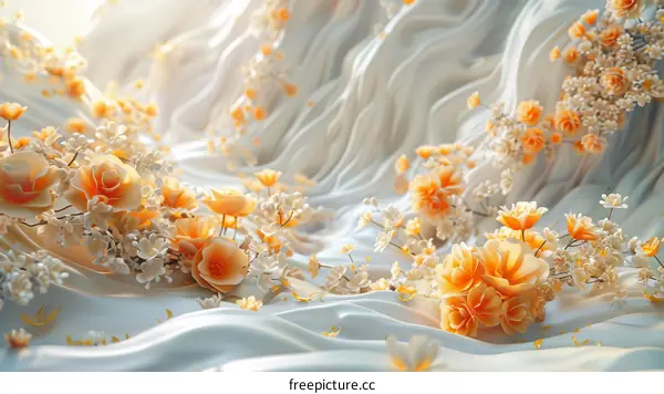 Orange and white flowers on a white silk-like fabric background